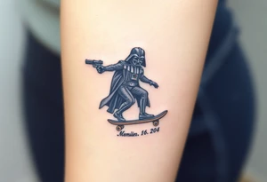 Darth Vader skateboarding with gun> bullets > memorial > god > colors > futuristic/space/star wars
add name "Darth Carter" on skateboard
add date 12/29/88-01/06/24 tattoo idea