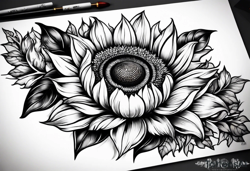 Arm sleeve Foral sunflower and roman numeral tattoo idea