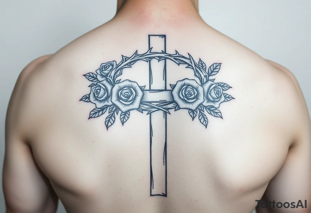 Roses crown of thorns on cross tattoo idea