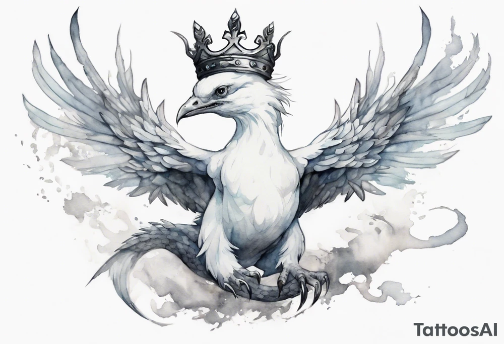a white bird-serpent hybrid, wearing a small crown, flying in the air tattoo idea