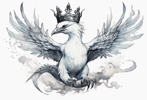 a white bird-serpent hybrid, wearing a small crown, flying in the air tattoo idea