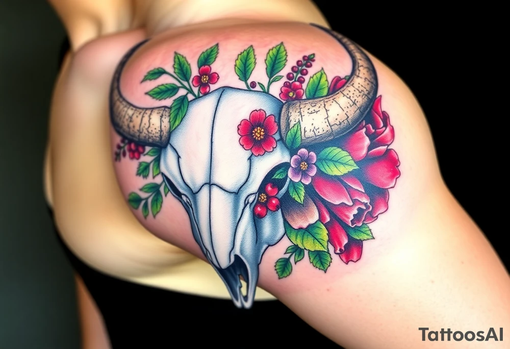 Buffalo or bison skull with flowers. Snow drop and red peony. Green holly with red berries, purple larkspur, red peony.  Colour. For upper arm or shoulder. Masculin. tattoo idea