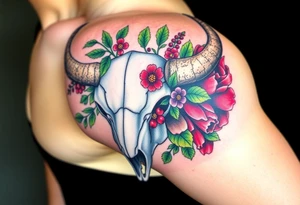 Buffalo or bison skull with flowers. Snow drop and red peony. Green holly with red berries, purple larkspur, red peony.  Colour. For upper arm or shoulder. Masculin. tattoo idea