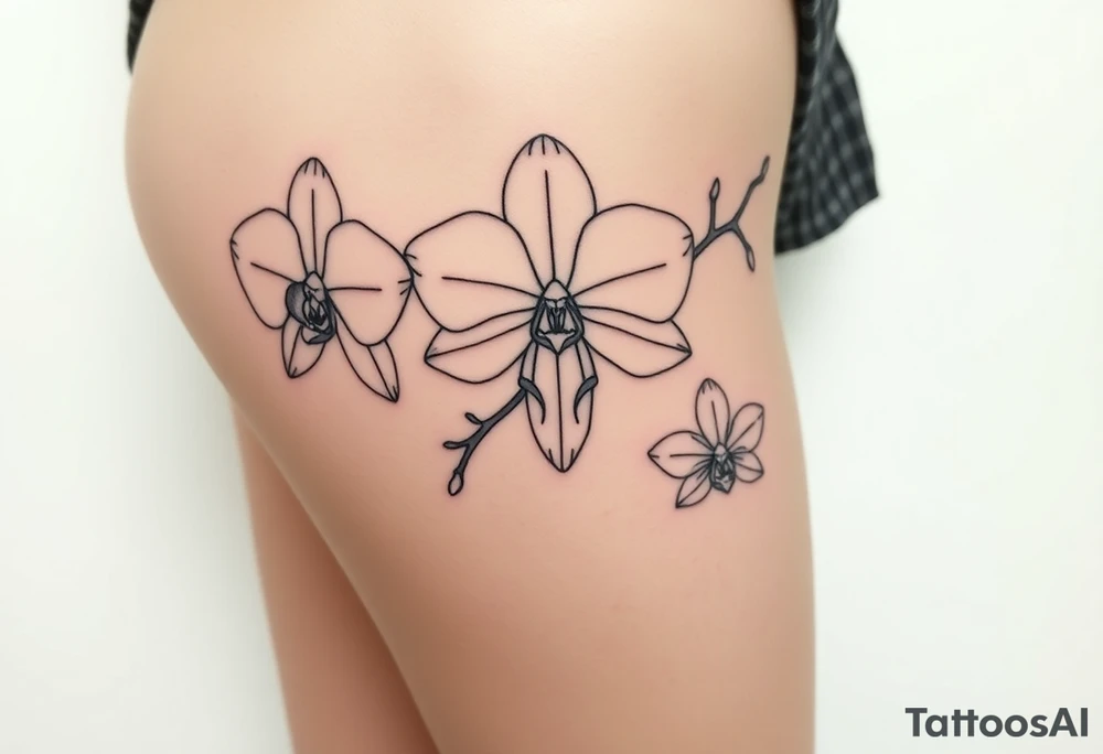 Draw of three fine line orchids different size realistic, the central part resembles a vagina. Are connected with branches tattoo idea