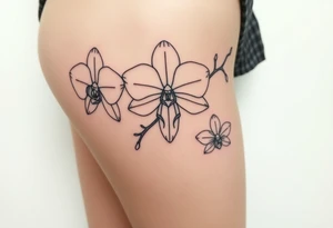 Draw of three fine line orchids different size realistic, the central part resembles a vagina. Are connected with branches tattoo idea