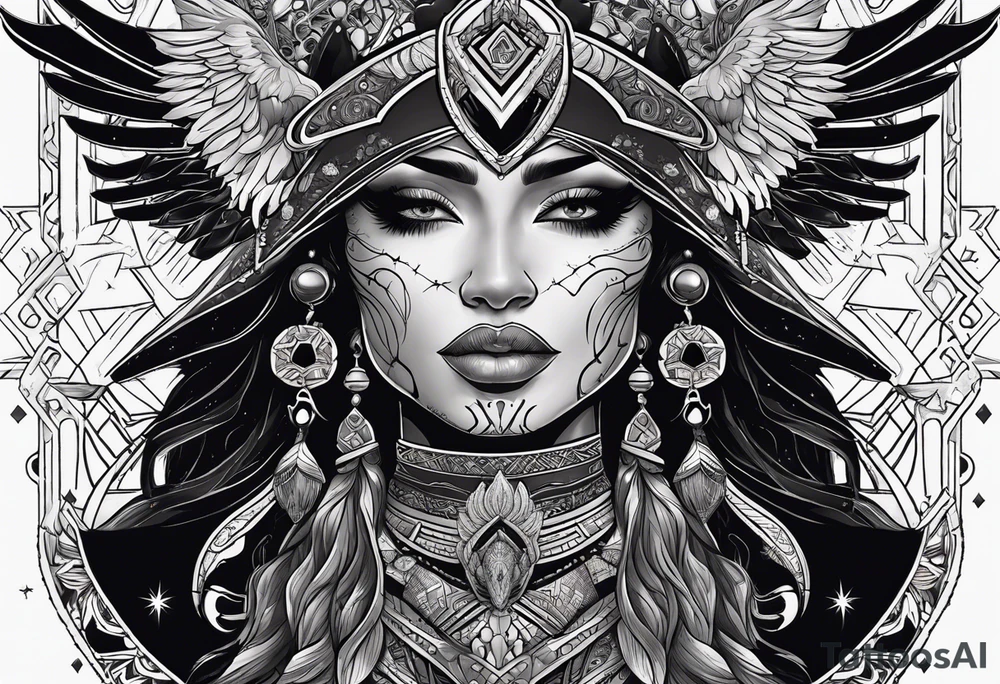black kali, goddess pirate, alien, pachamama, valkrye, warrior, skull, lotus azul, wing, eagle, zenza resonance, stars, 5D tattoo idea