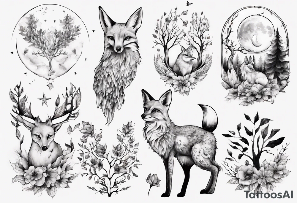 wasser sonne und mond fuchs eule kolibri wald hirsch blume des lebens 
baum berlin tattoo idea