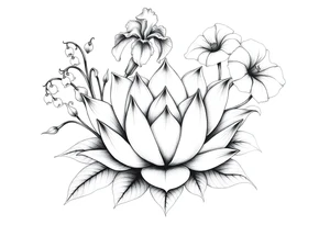 Geometric lotus surrounded by Lilly of the valley on left side iris above and morning glory flowers to the right. tattoo idea