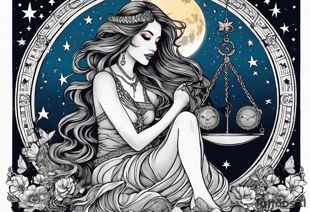 Beautiful woman with butterflies in her long wavy hair sitting on a half moon holding the libra scales with a moon and star background tattoo idea