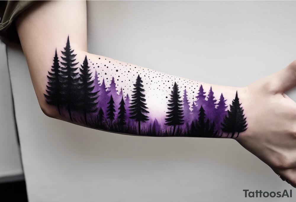 forest, purple and black, covered from wrist to forearm, fully covered, no borders, blackwork tattoo idea