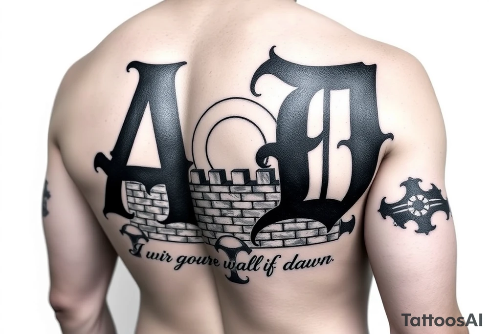 A sleeve tattoo on the right arm with the letters A and D in large letters combined and inside them the inscription "I will guard your walls until dawn" against a wall at sunrise tattoo idea