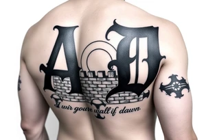 A sleeve tattoo on the right arm with the letters A and D in large letters combined and inside them the inscription "I will guard your walls until dawn" against a wall at sunrise tattoo idea