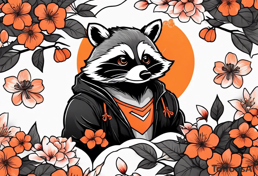 Raccoon wearing a white Superman logo on a black hoodie and orange Japanese cherry blossoms beside tattoo idea
