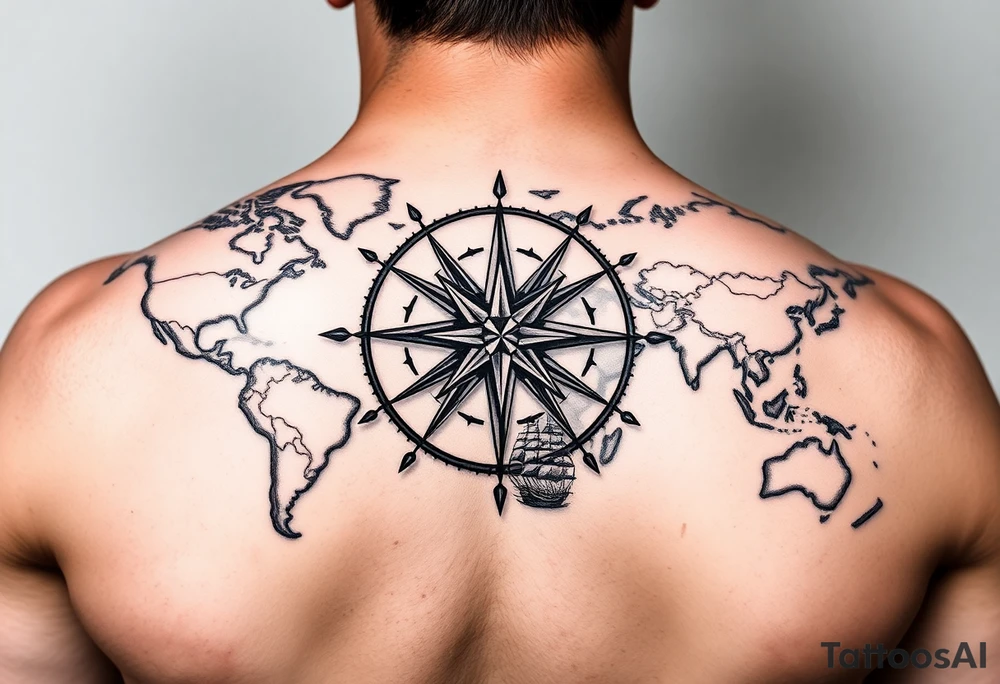 antique compass rose overlaid on weathered world map with sailing ships tattoo idea