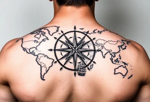 antique compass rose overlaid on weathered world map with sailing ships tattoo idea