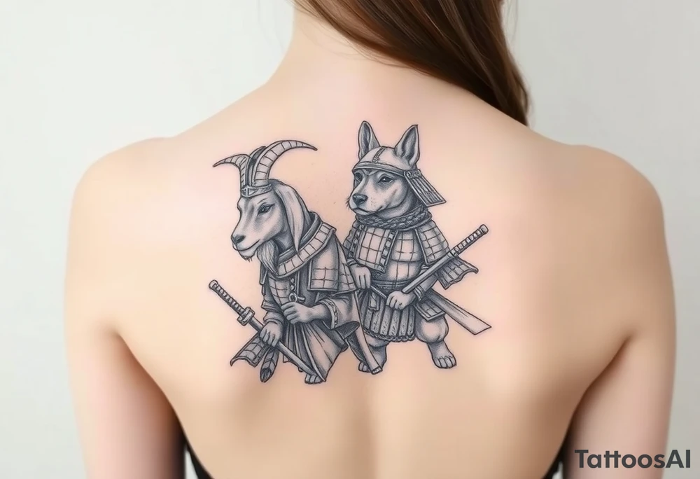 Goat and dog dressed up as samurai warriors tattoo idea