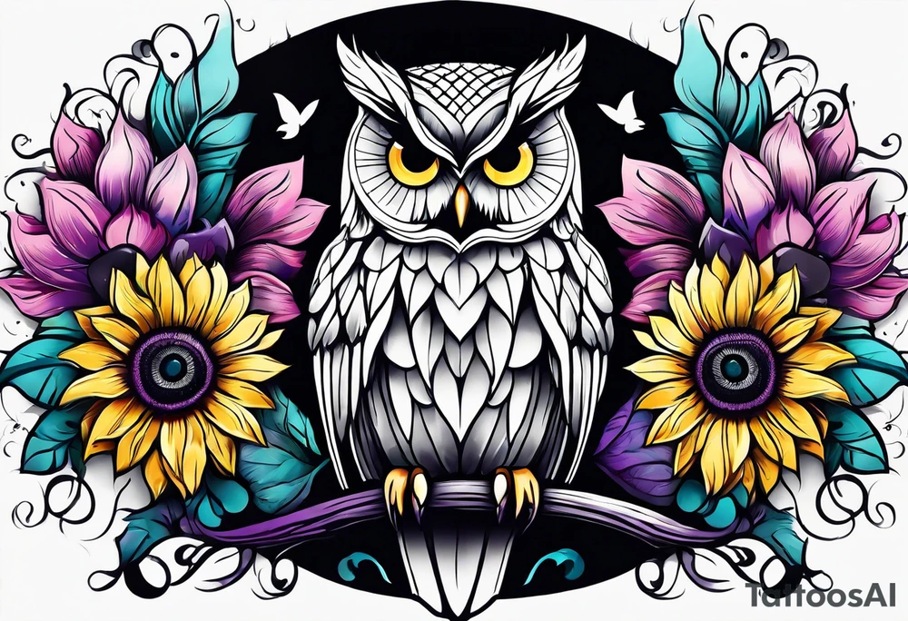 Leg Sleeve with black and white owl that's lightly shaded teal, pink and purple and yellow sunflowers tattoo idea