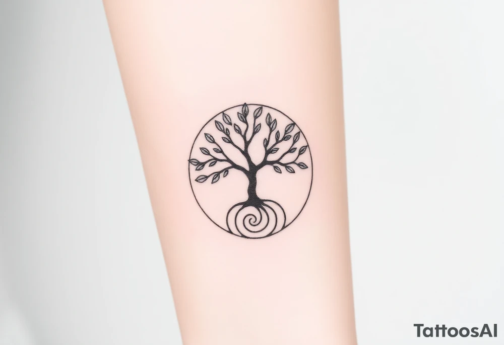 A tree in a circle,
 with fee leaves, with an outward  spiral as its roots tattoo idea