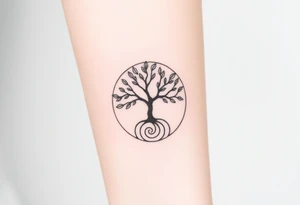 A tree in a circle,
 with fee leaves, with an outward  spiral as its roots tattoo idea
