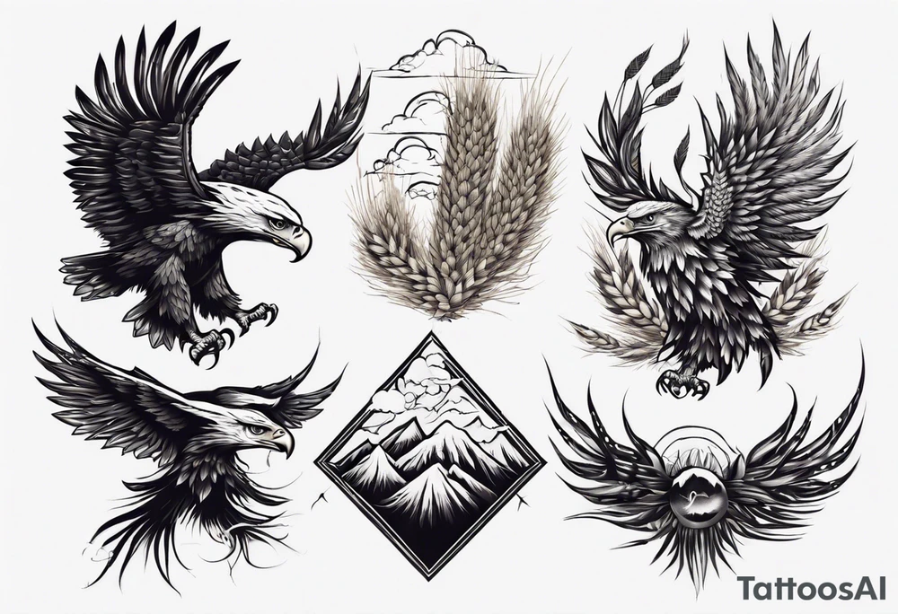 mountains wheat eagle tattoo idea