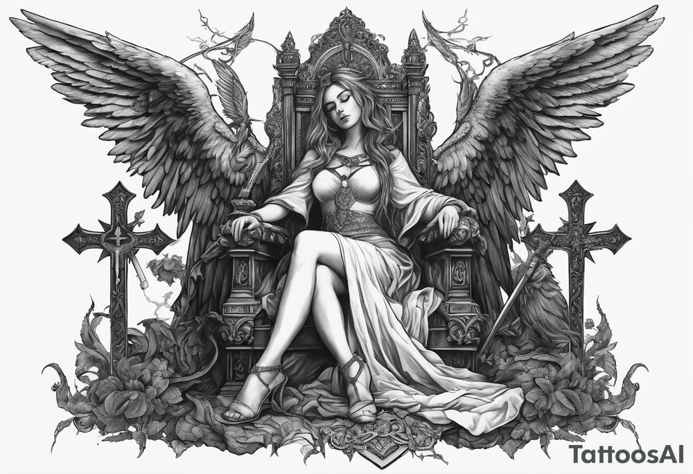 girl angel sitting in a throne with a staff with a cross at the top, a devil laying on the ground by the angels feet being stabbed in the chest by the staff tattoo idea