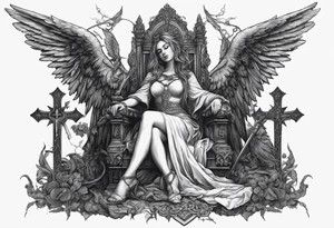 girl angel sitting in a throne with a staff with a cross at the top, a devil laying on the ground by the angels feet being stabbed in the chest by the staff tattoo idea