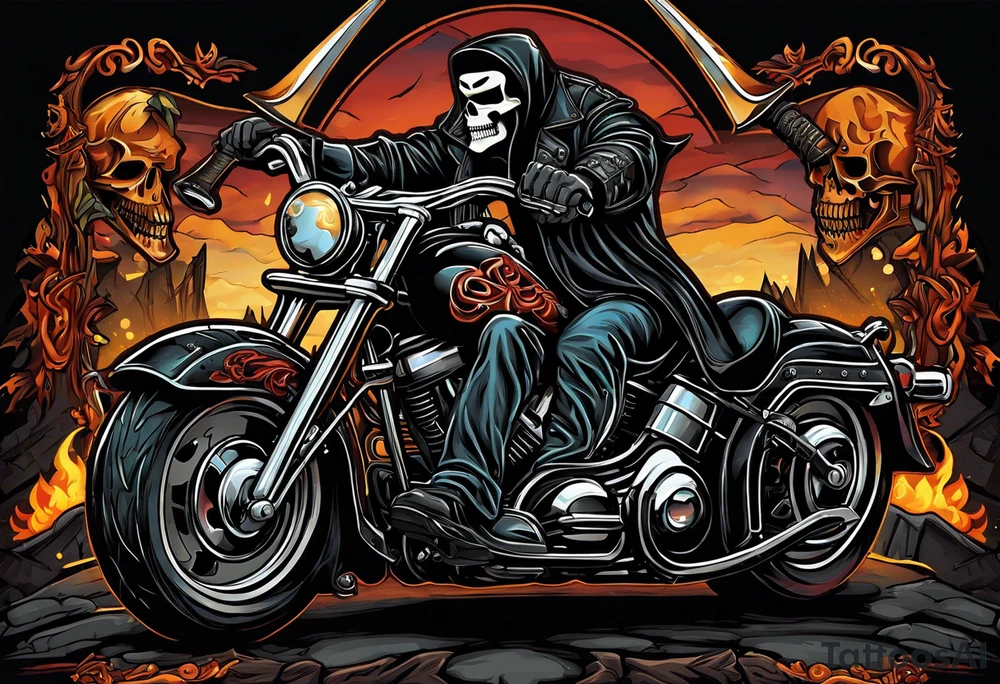 Motorcycle patch for a outlaw motorcycle club named the executioners with axes and a skeleton riding a Harley with an executioner mask on tattoo idea