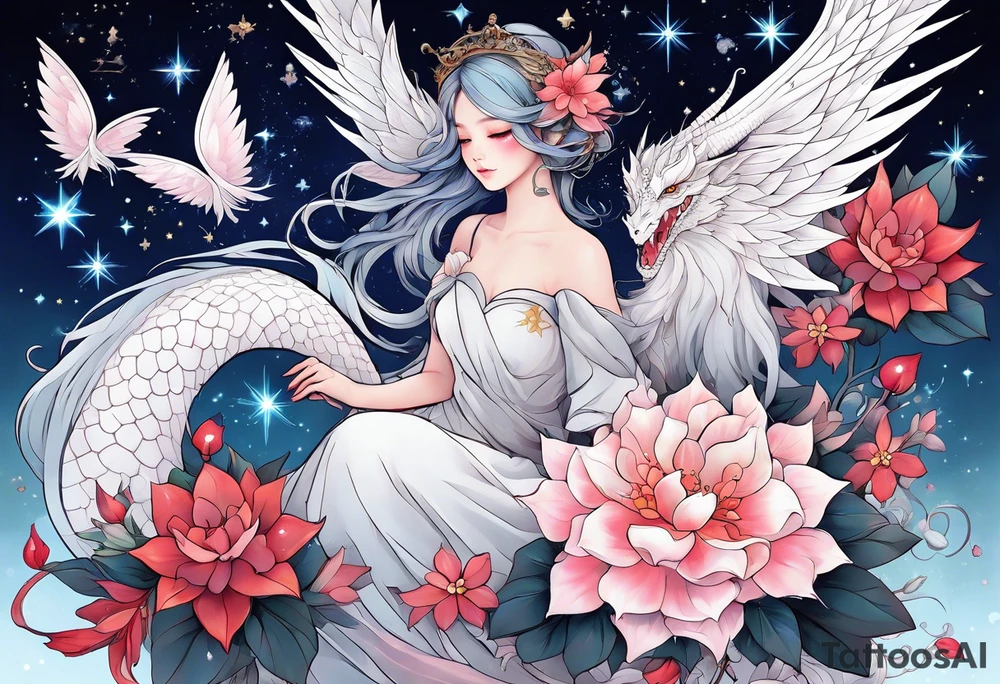 Constellation, wing , snow , cross , dragon female japan kawaii , flower tattoo idea