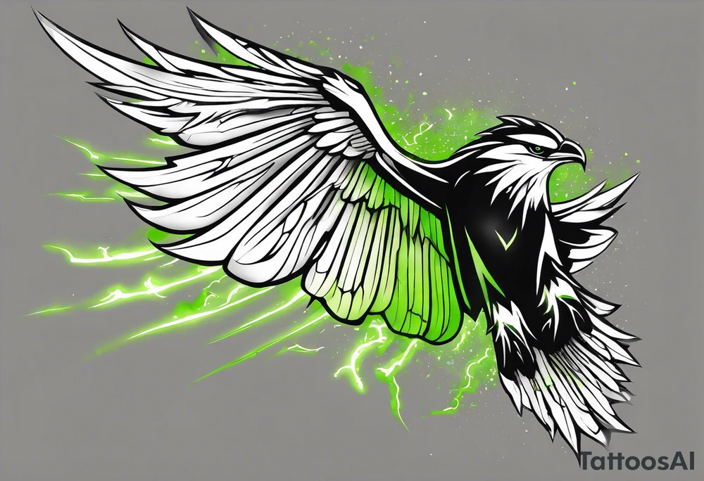 Forearm wing tattoo with streaks of neon green lightning going through/around it tattoo idea