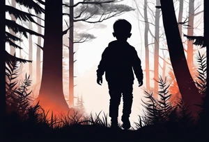 A silhouette of a young child walking through a dark, expansive forest tattoo idea