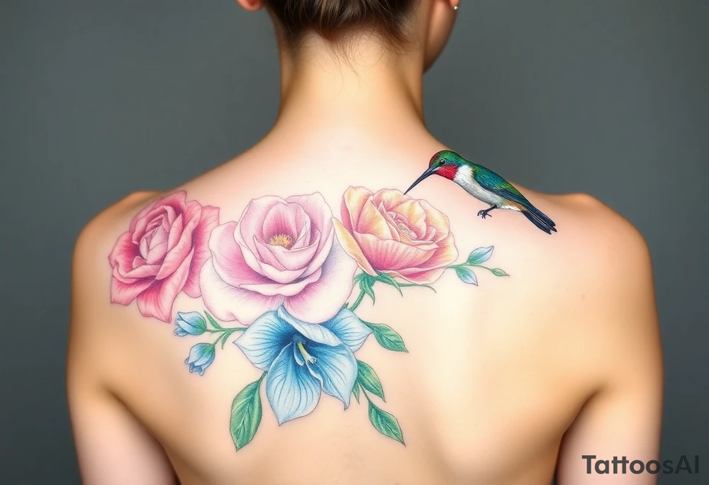 Bouquet of flowers with watercolors carnation, rose, Lily of the valley, delphinium with stems Starting upper middle back to right shoulder With humming bird feeding on rose.  Soft tones tattoo idea