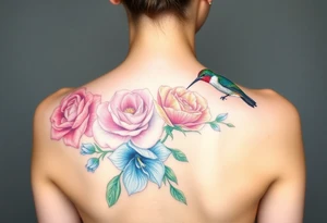 Bouquet of flowers with watercolors carnation, rose, Lily of the valley, delphinium with stems Starting upper middle back to right shoulder With humming bird feeding on rose.  Soft tones tattoo idea