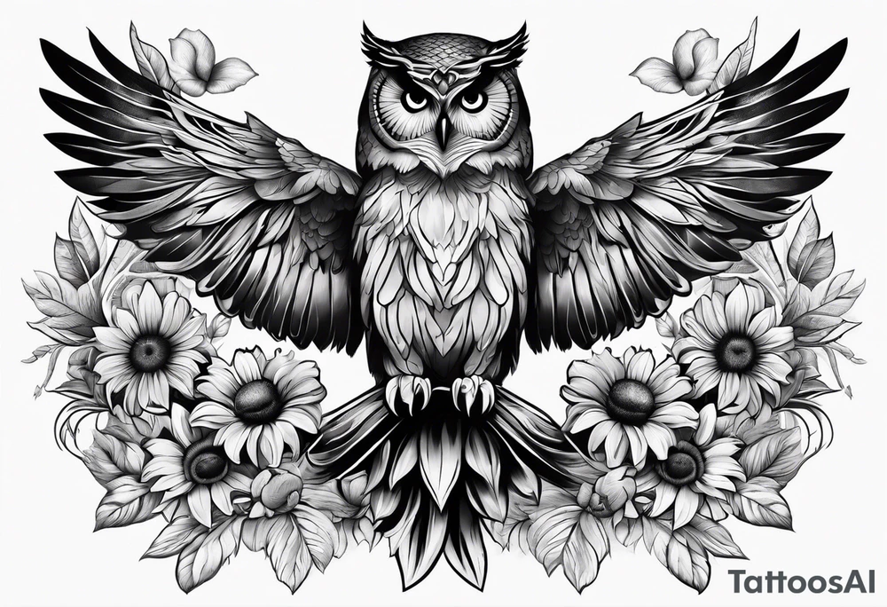 Sleeve with an owl, sunflower and butterfly tattoo idea