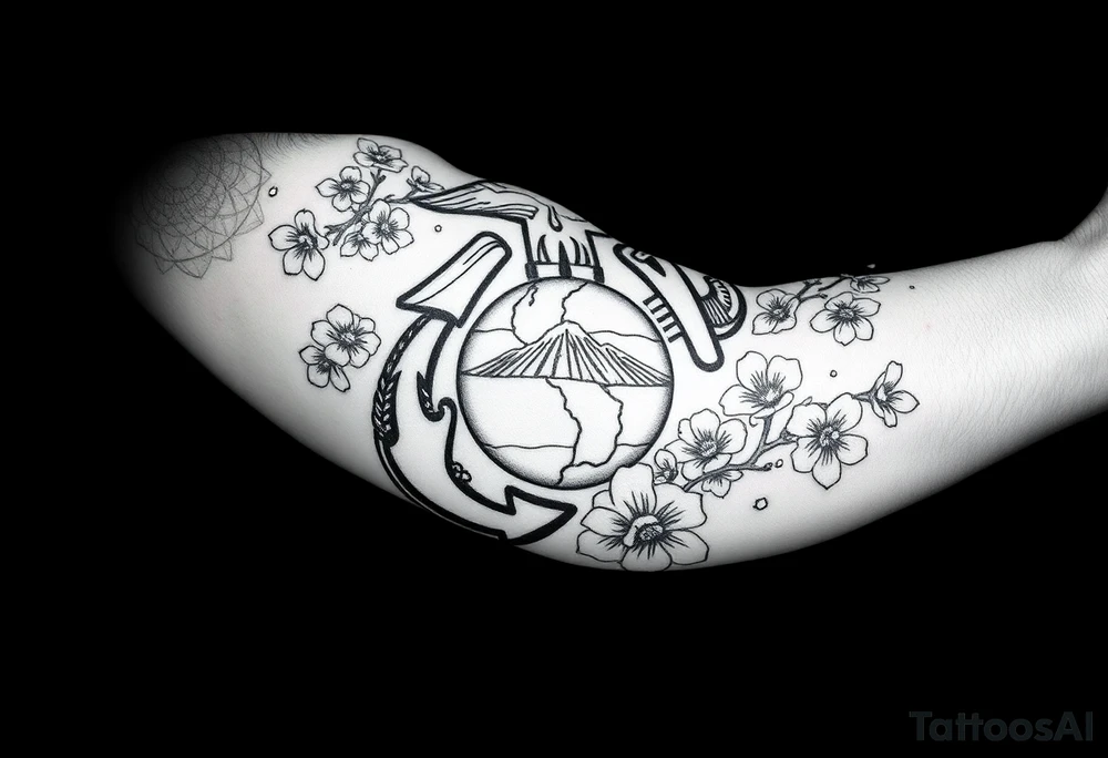 Marine Corps emblem with Cherry blossoms and Mount fuji tattoo idea