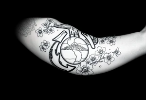 Marine Corps emblem with Cherry blossoms and Mount fuji tattoo idea