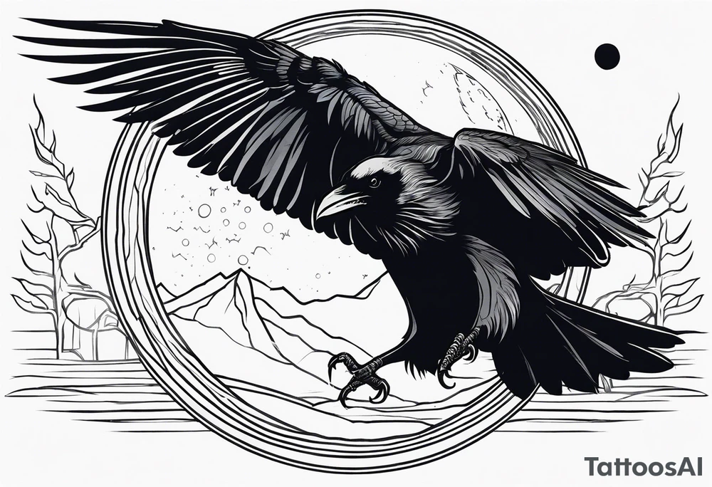 a scary black raven landing on the moon tattoo idea
