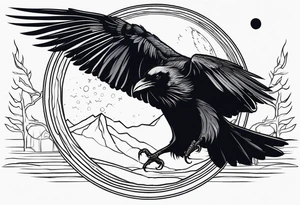 a scary black raven landing on the moon tattoo idea