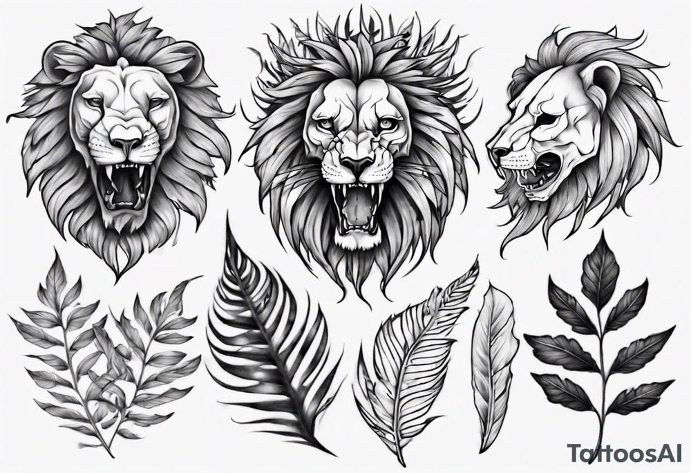 Lion skull tattoo and leaves tattoo idea