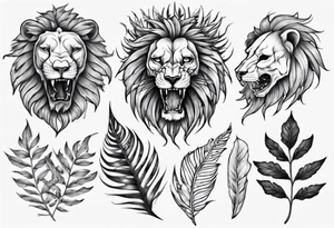 Lion skull tattoo and leaves tattoo idea