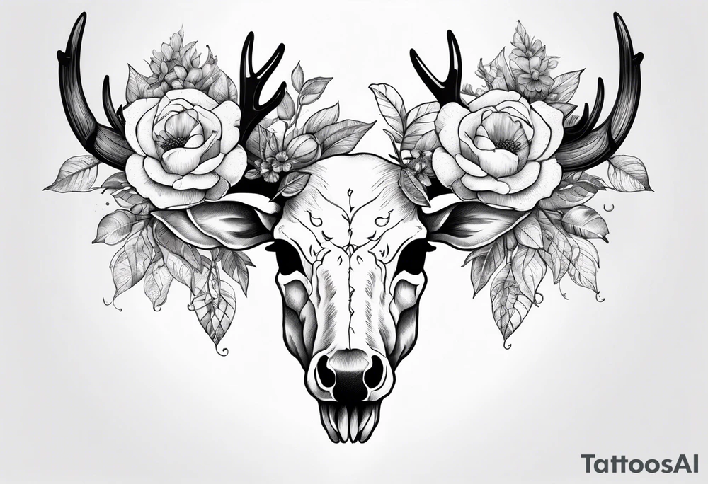 Reindeer skull with the flowers on the horns tattoo idea