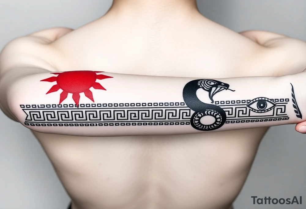 Neo-tribal Greek meander tattoo band for forearm, long horizontal wrap-around design. Left side (day): red sun with sharp tribal spikes, abstract running human silhouettes in angular style. Right side (night): black crescent moon with dotwork shading, tribal-style ouroboros snake. All symbols integrated into a continuous meander pattern — geometric but with organic neo-tribal flow. Additional elements: tribal eye motif, minimal Tree of Life as sharp branching lines. High-contrast black and red ink, clean line art, no gradients. Inspired by ancient Greek borders fused with modern tattoo aesthetics, seamless repeat pattern tattoo idea