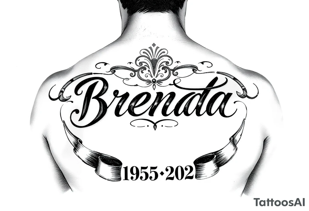 "BRENDA" VIERTICALLY WITH RIBBONS UNDERNEATH SHOWING 1950-2025 tattoo idea