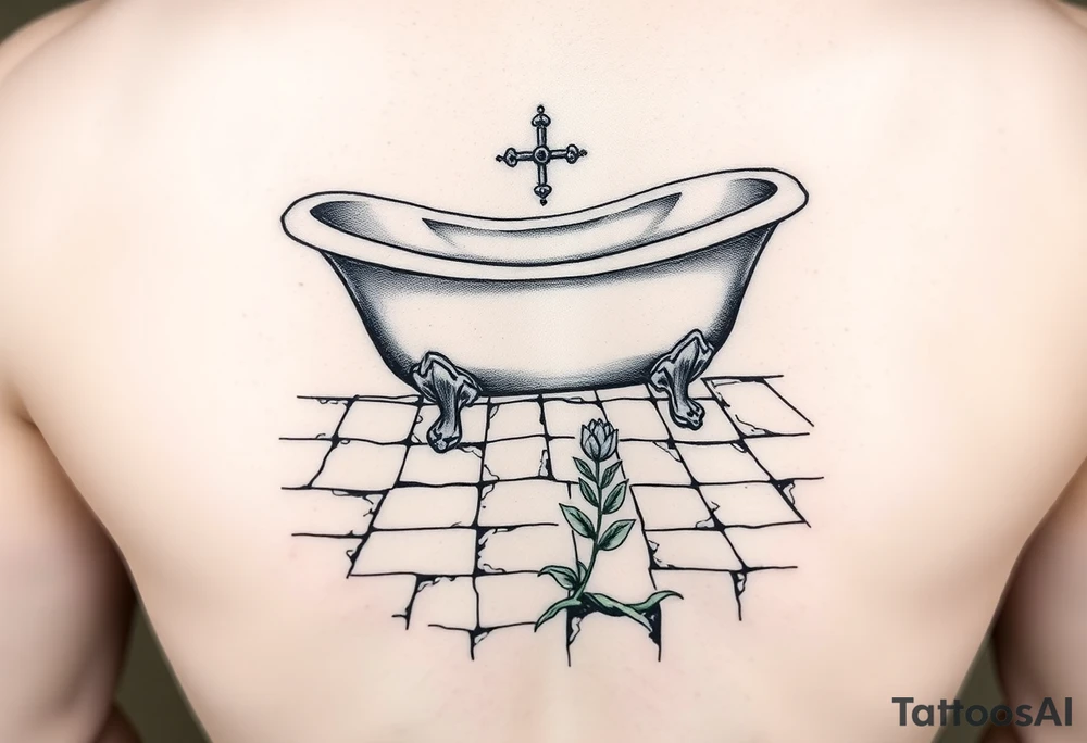 clawfoot bathtub on a tile floor and a flower growing through the cracks in the floor tattoo idea