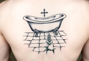 clawfoot bathtub on a tile floor and a flower growing through the cracks in the floor tattoo idea