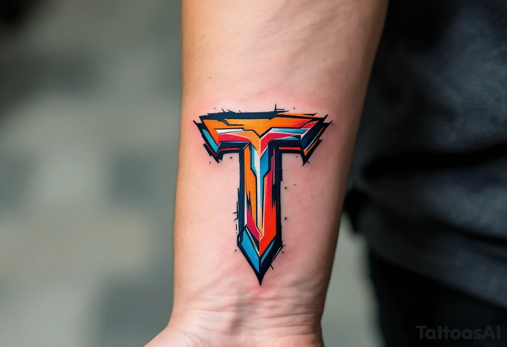 A graffiti-style "T" in bright orange and electric blue with sharp angles. tattoo idea