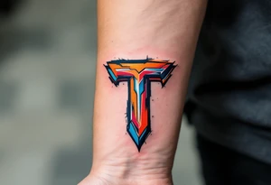 A graffiti-style "T" in bright orange and electric blue with sharp angles. tattoo idea
