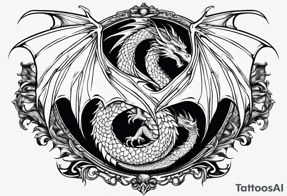 Mother dragon wings spread with 3 baby dragons tattoo idea