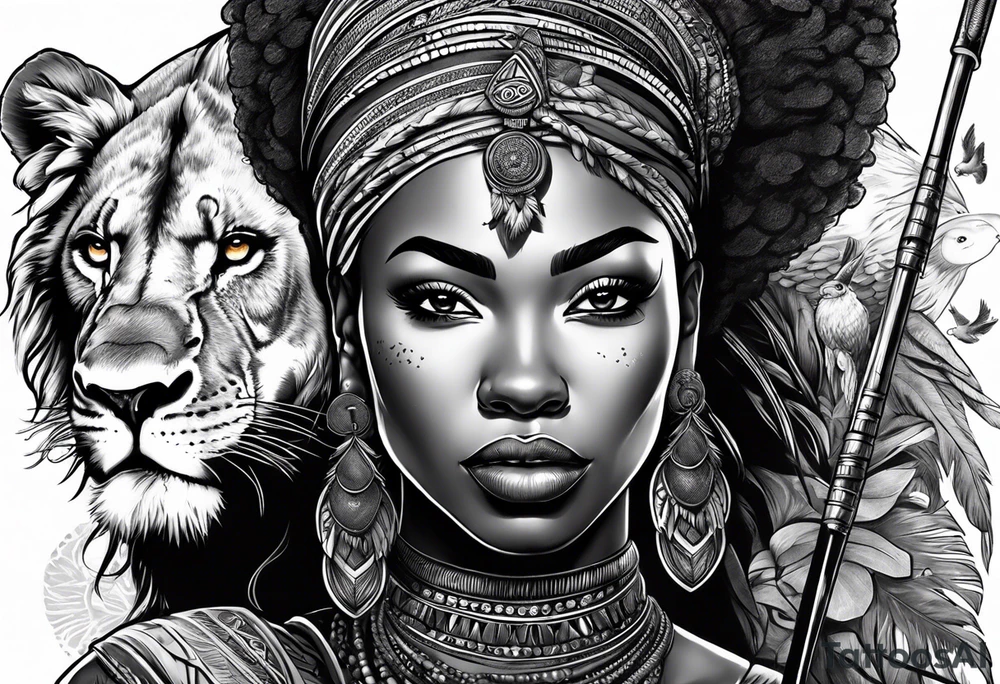 African woman warrior holding spear with deadlocks and earrings. With lion and birds in the background tattoo idea