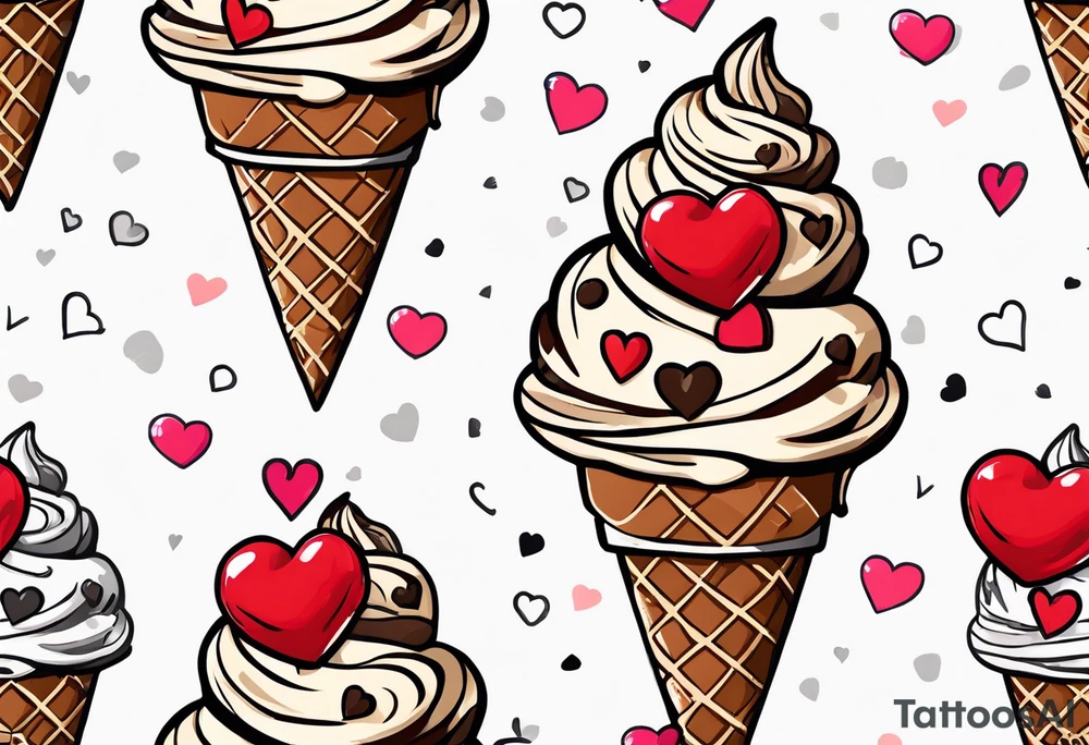 sketch chocolate chip ice cream cone with one red heart tattoo idea