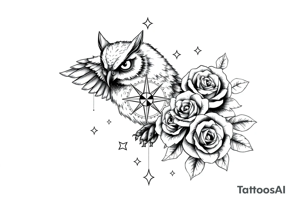 an owl,compass,roses,stars. tattoo idea